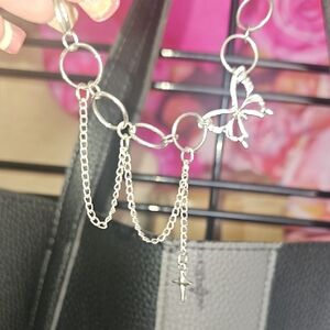 Silver Butterfly/Cross Choker Chain Necklace 15"long - 17" Long